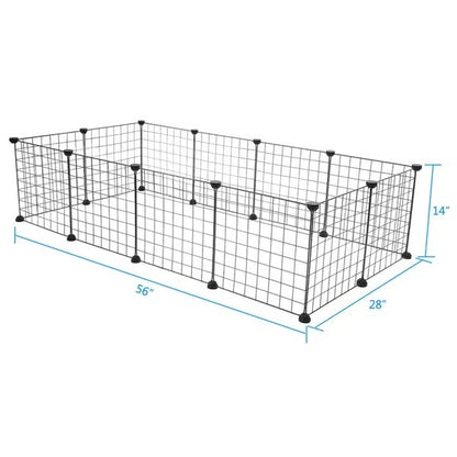 Black metal grid playpen with dimensions on a white background