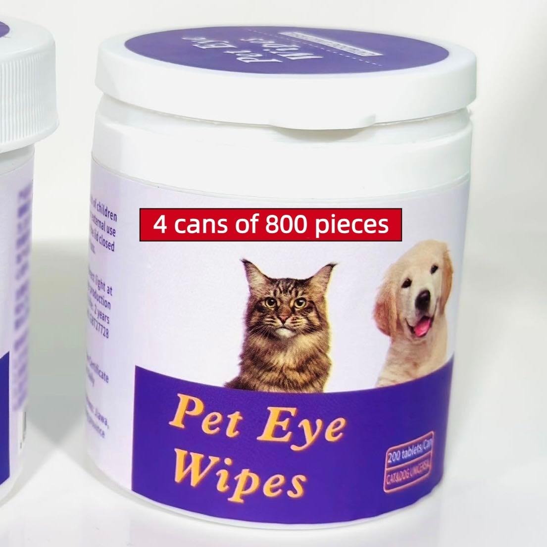 Pet Eye Wipes container with a cat and dog on the label