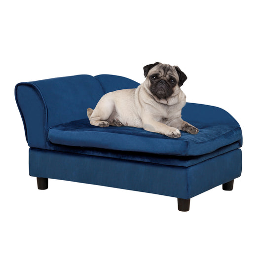 Dog lying on a blue pet sofa against a white background