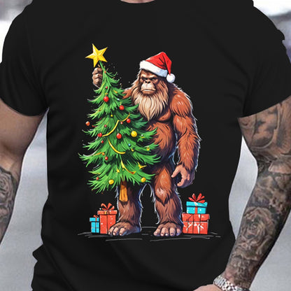 Black t-shirt with a cartoon Sasquatch decorating a Christmas tree and presents on a plain background