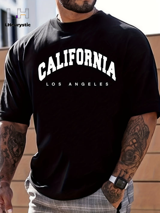 Person wearing a black t-shirt with 'California Los Angeles' text, standing against a wooden wall.