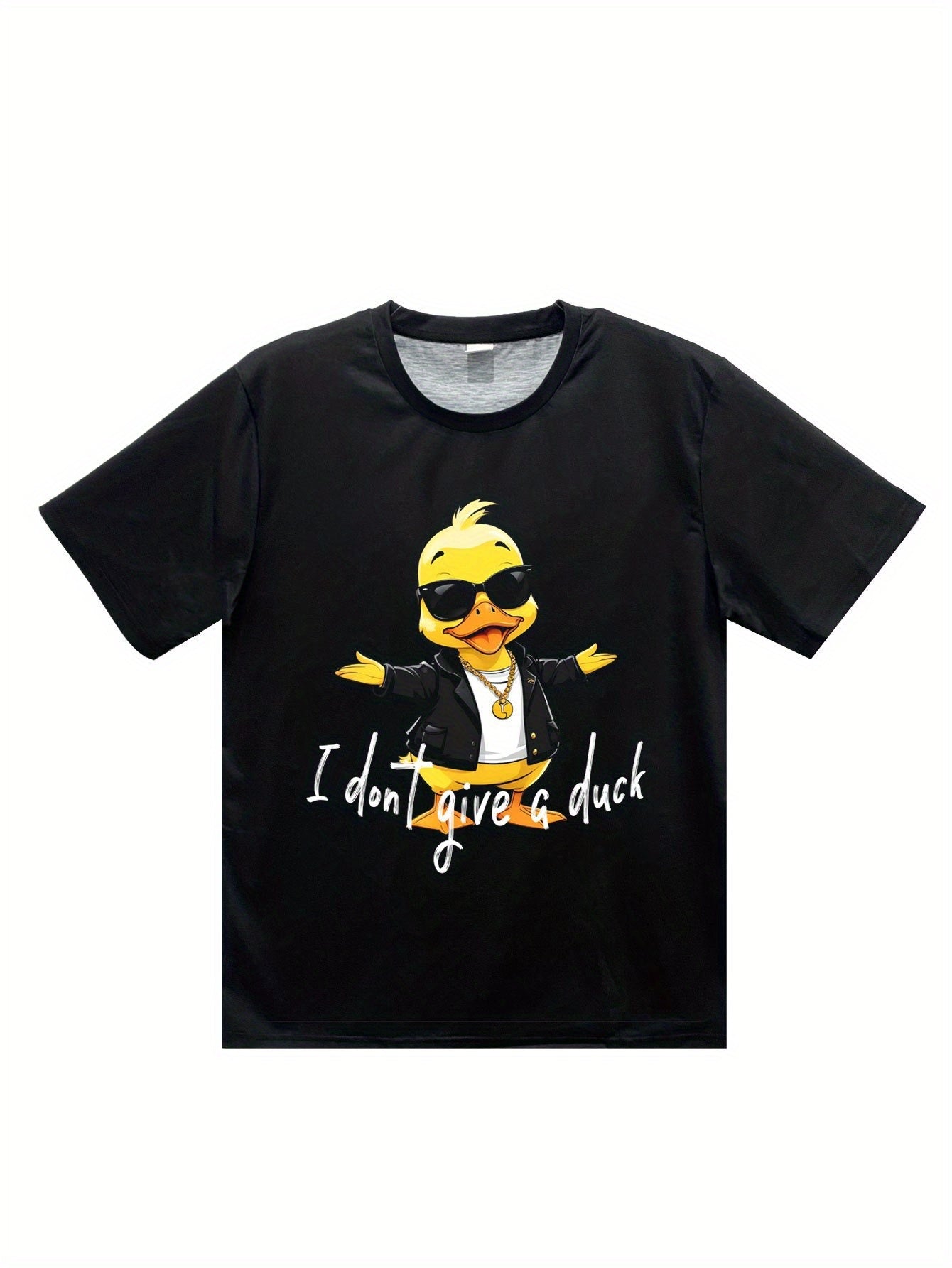 Black t-shirt with a cartoon duck wearing sunglasses and a jacket on a white background
