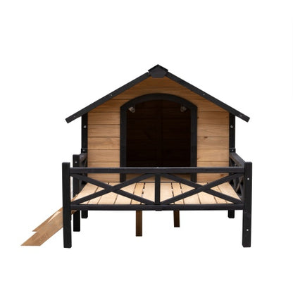 Wooden pet house with black trim on a white background