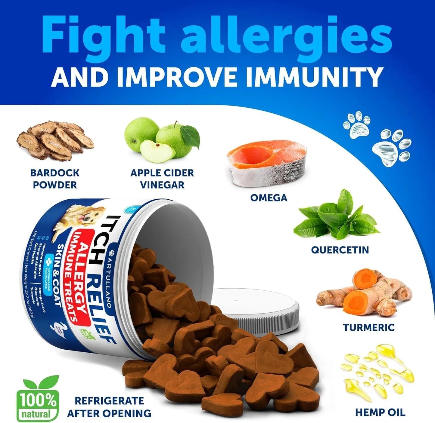 Dog allergy relief treats with ingredients and health benefits on a blue background