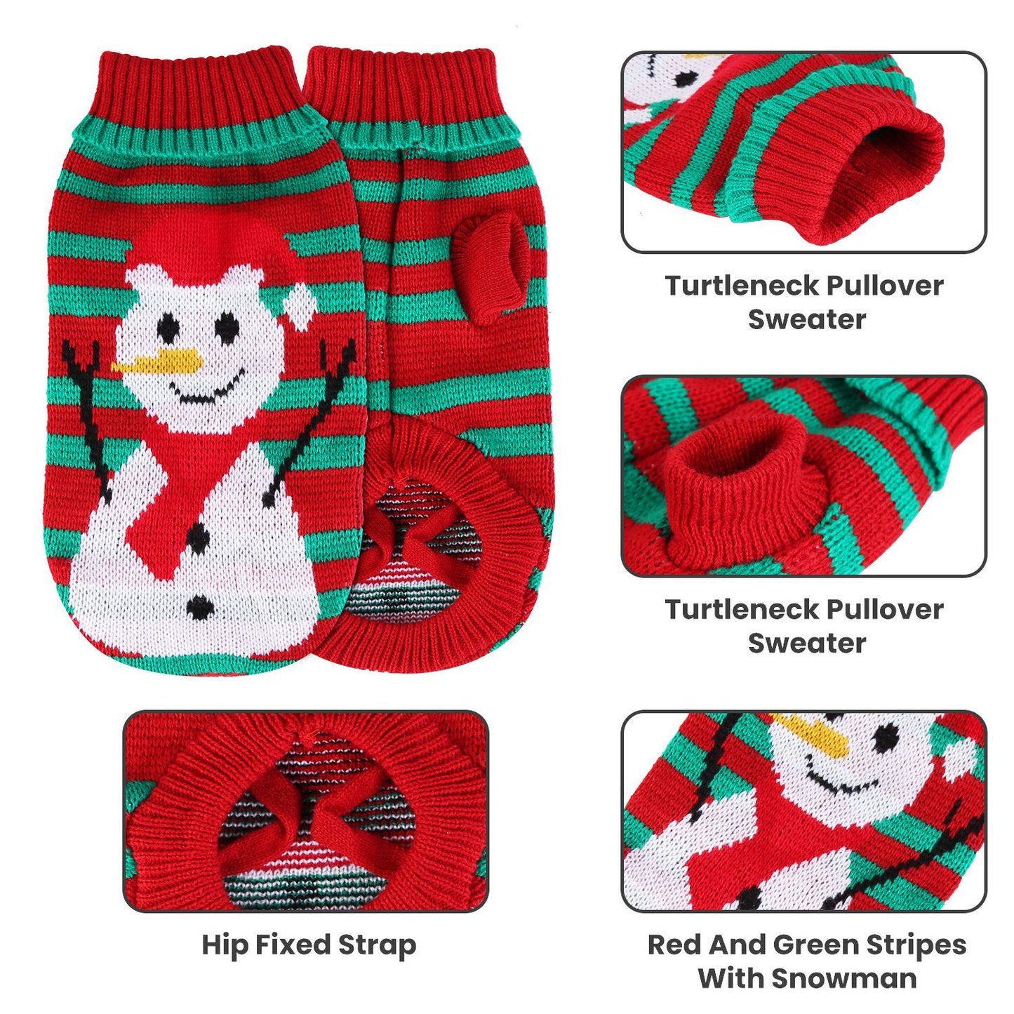 Red and green striped sweater with snowman design on a white background