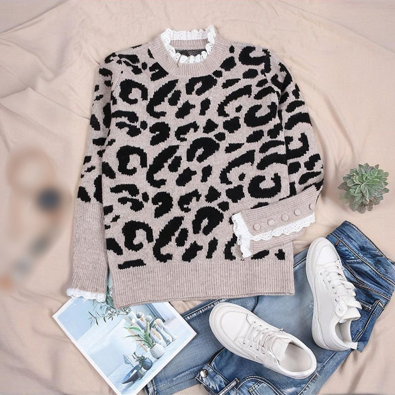 Women's Leopard Print Sweater, Crewneck Long Sleeve Pullover Top With Lace Trim