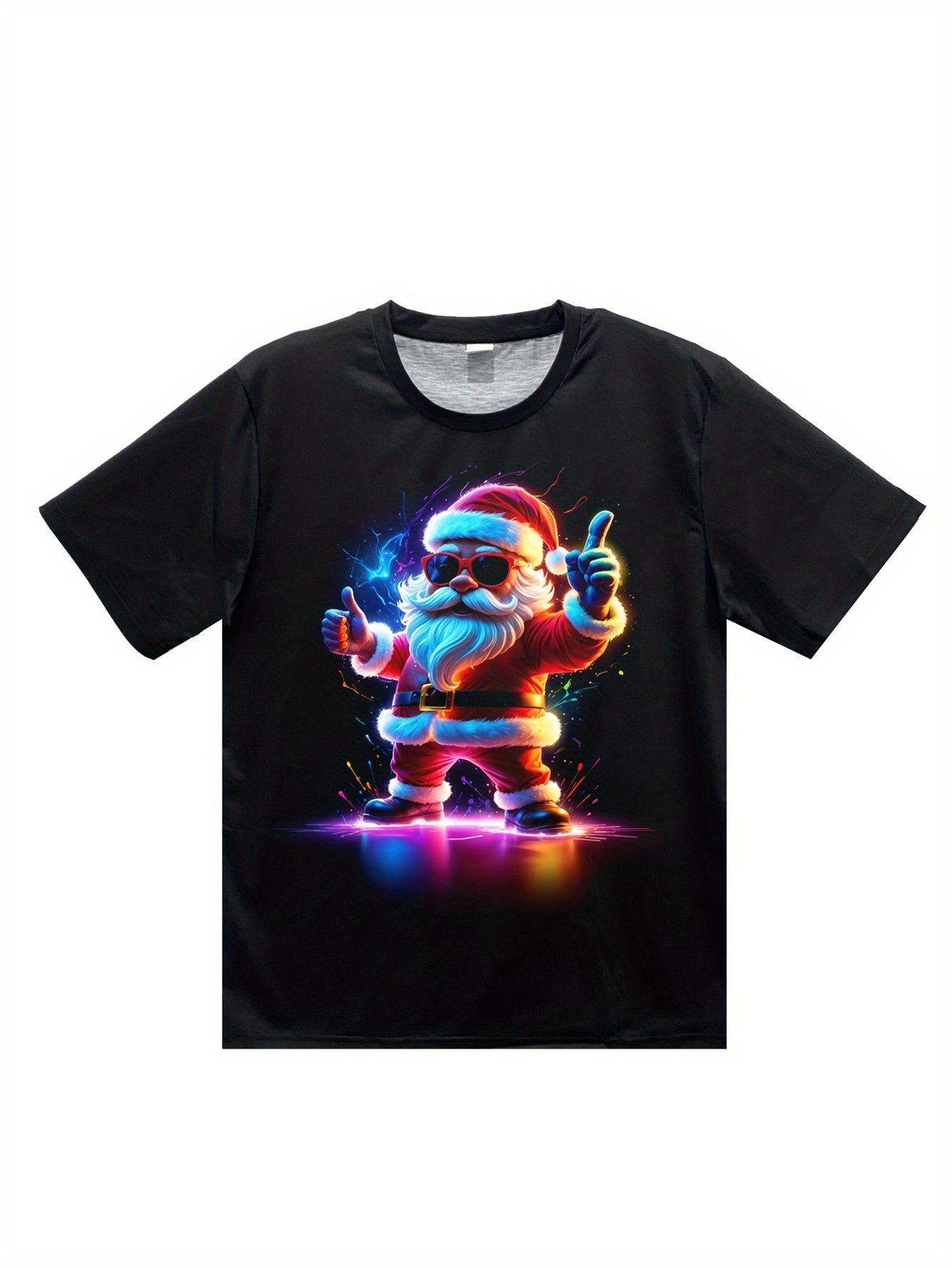 Black t-shirt with a colorful graphic of Santa Claus on a white background