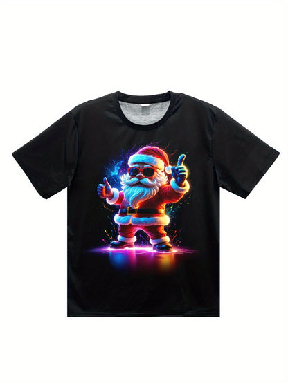 Black t-shirt with a colorful graphic of Santa Claus on a white background