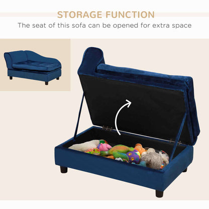 Blue storage sofa with toys inside, showing the open seat for extra space.