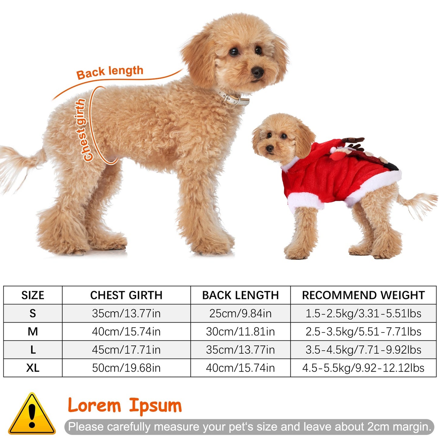 Two dogs, one wearing a red outfit, with size chart and measurement guide on a white background.