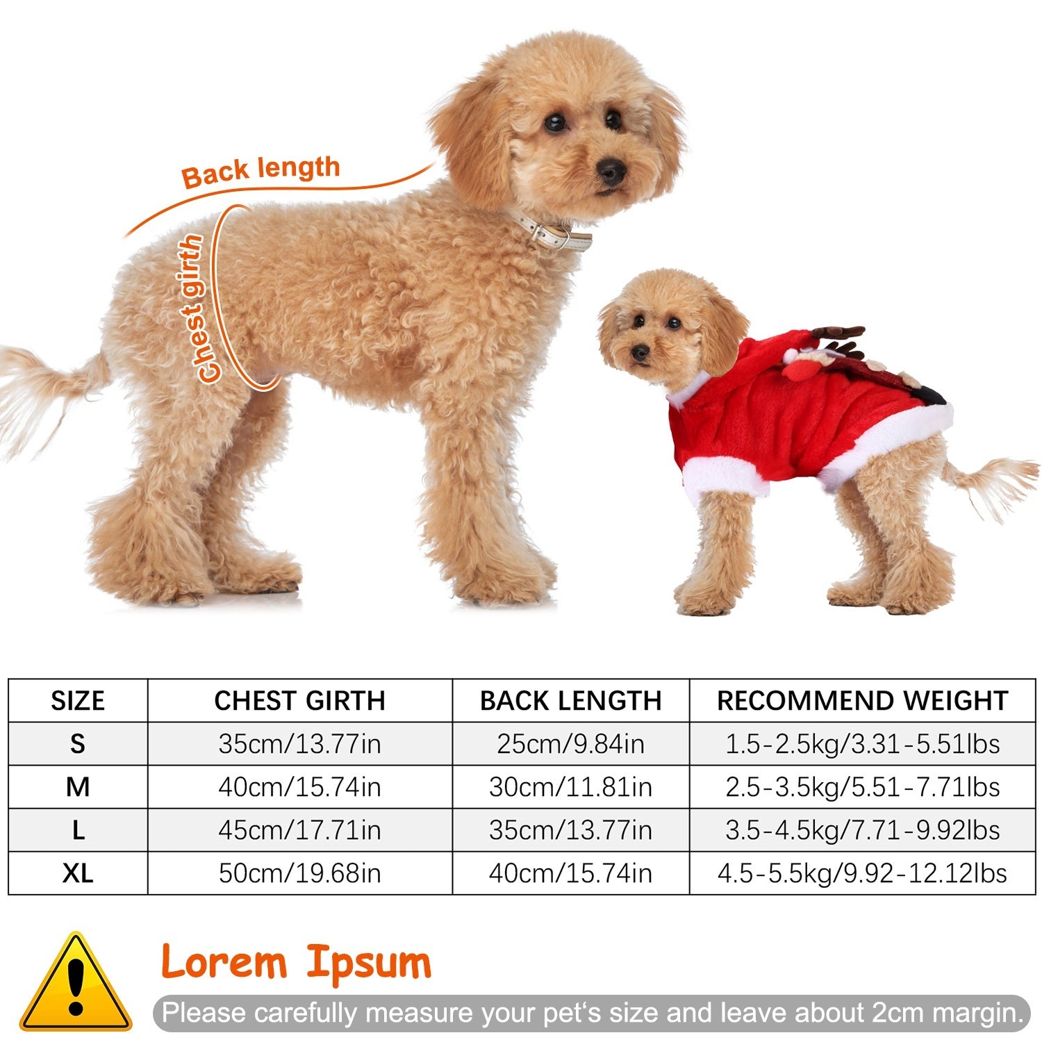 Two dogs, one wearing a red outfit, with size chart and measurement guide on a white background.