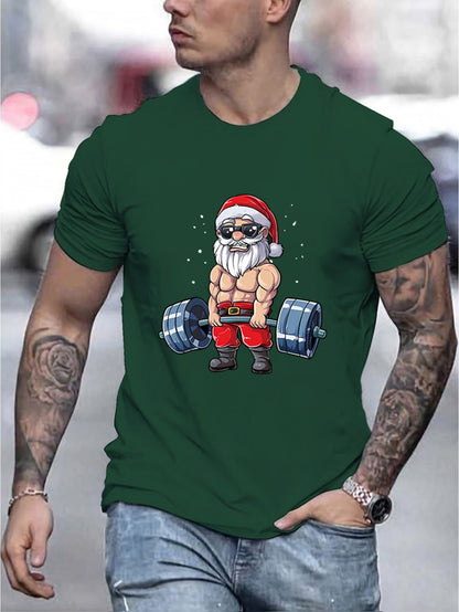 Man wearing a green t-shirt with a graphic of Santa Claus lifting weights.