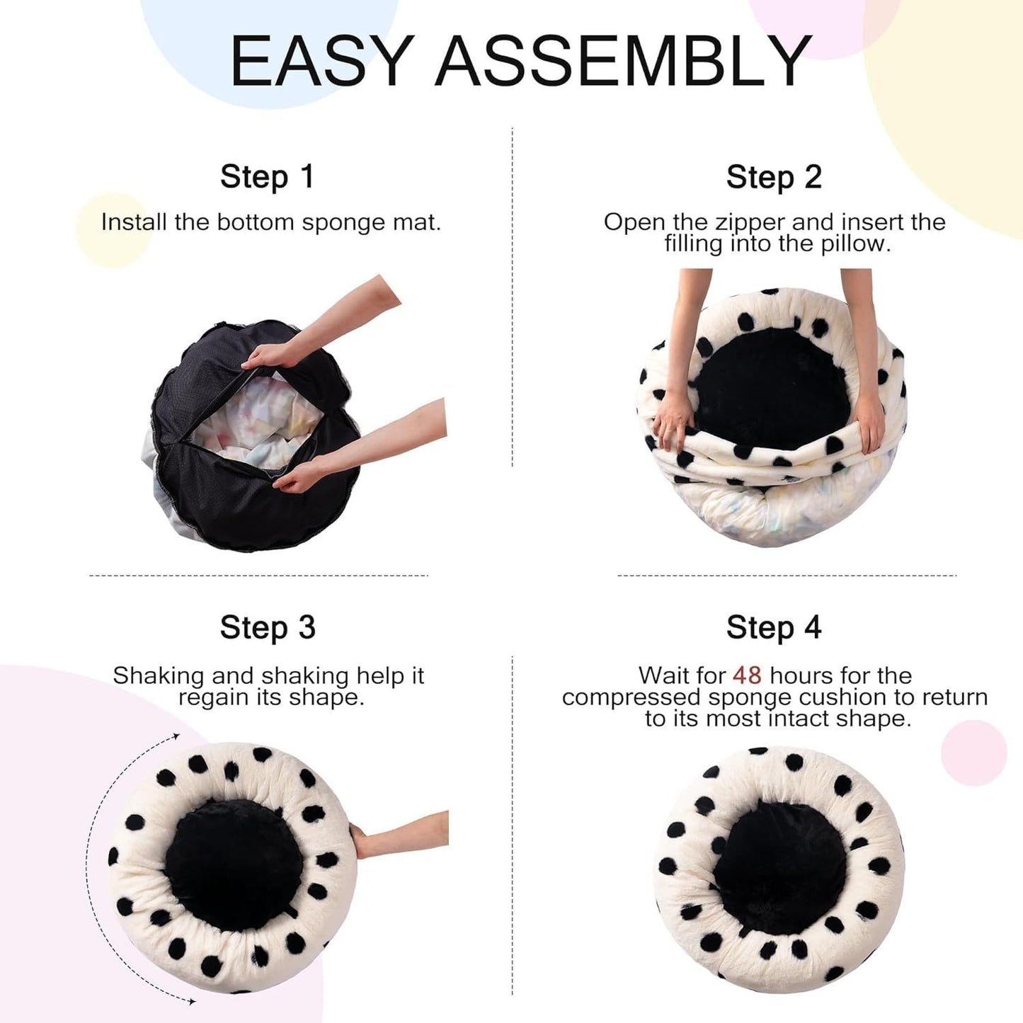 Instructions for assembling a pillow with steps shown.