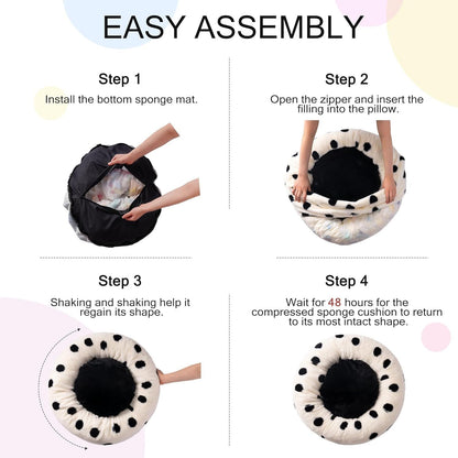 Instructions for assembling a pillow with steps shown.