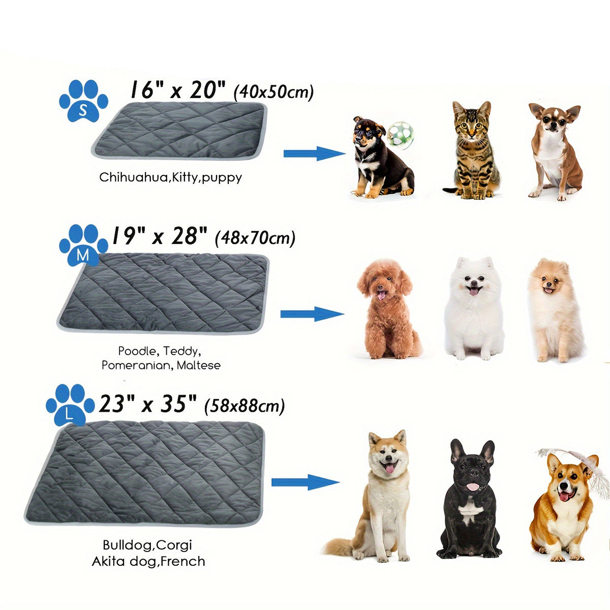 Pet mat sizes with corresponding animal illustrations for size reference