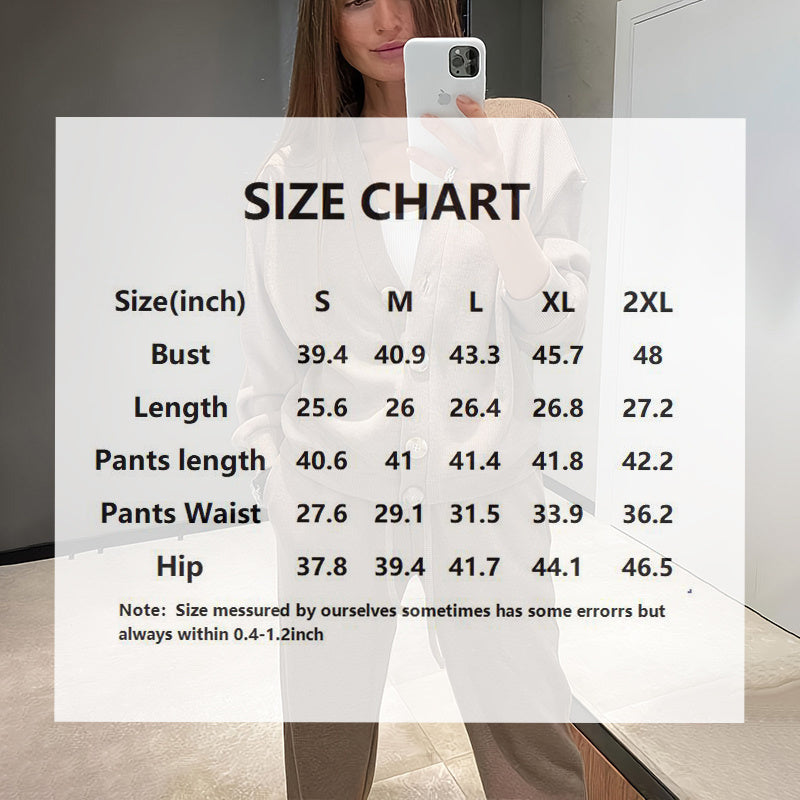 Person taking a mirror selfie wearing a white outfit with a size chart overlay.