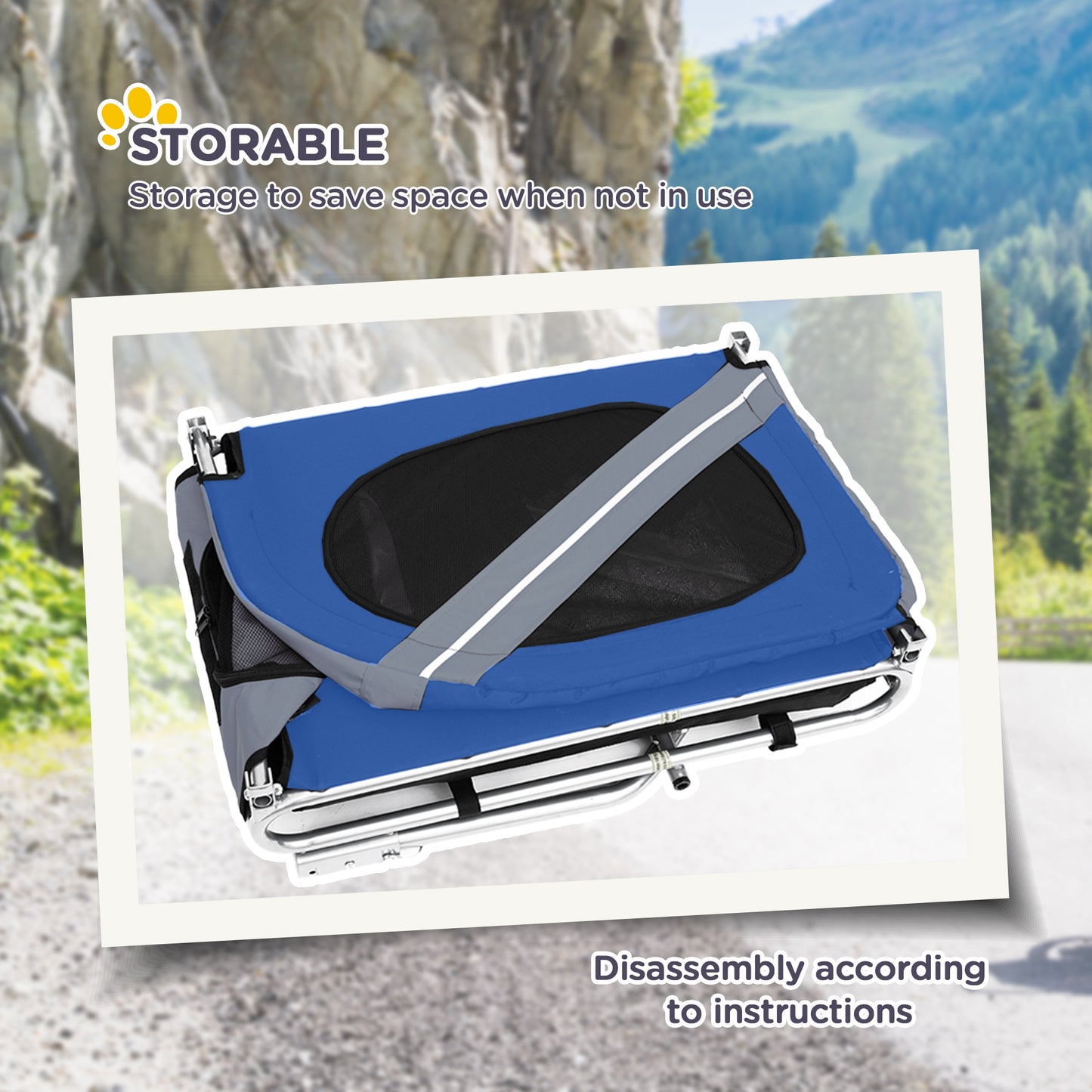 Blue and silver storage bag with mountain landscape in the background