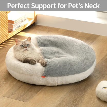 Cat lying on a round pet bed with 'Perfect Support for Pet's Neck' text above.