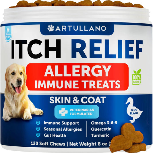 Artullano Itch Relief Allergy Immune Treats container for dogs with a dog on the label.