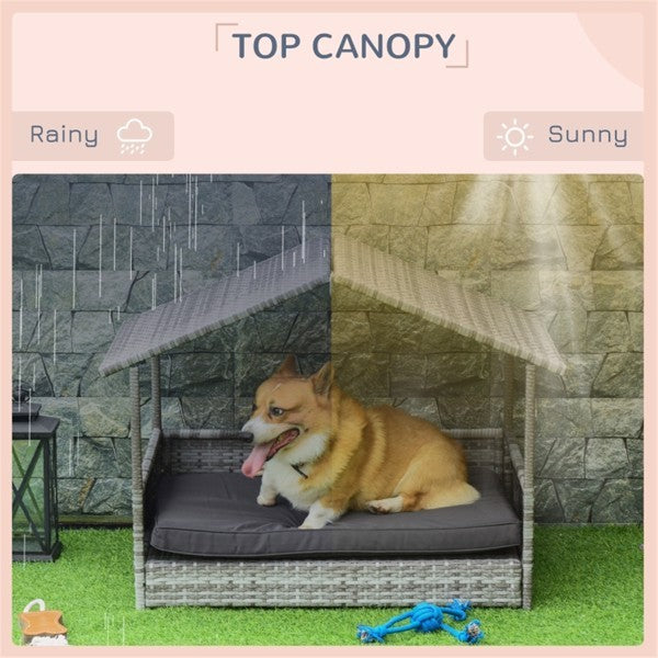 Dog sitting in a wicker doghouse with a canopy, shown in rainy and sunny conditions.