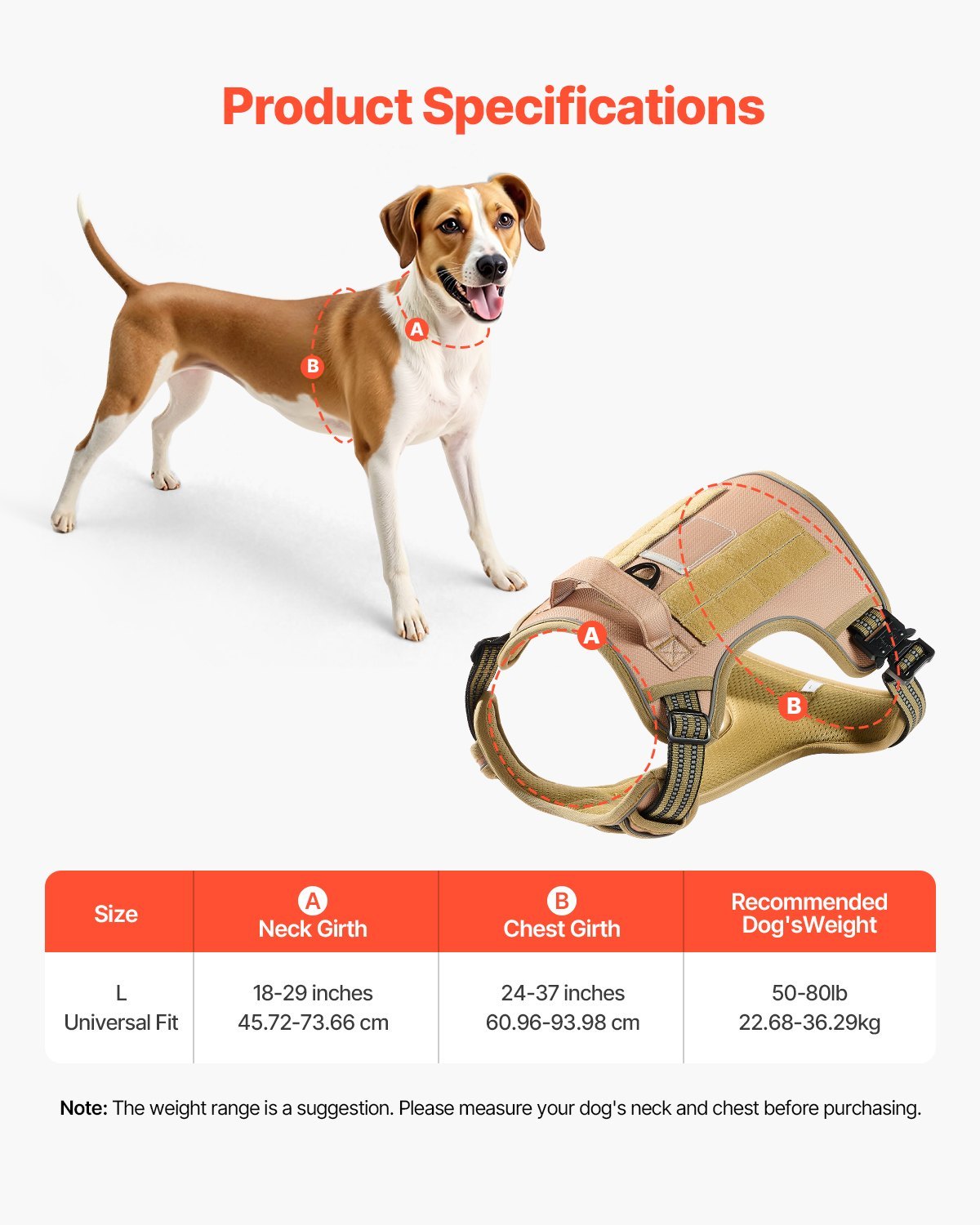Dog harness with product specifications on a white background