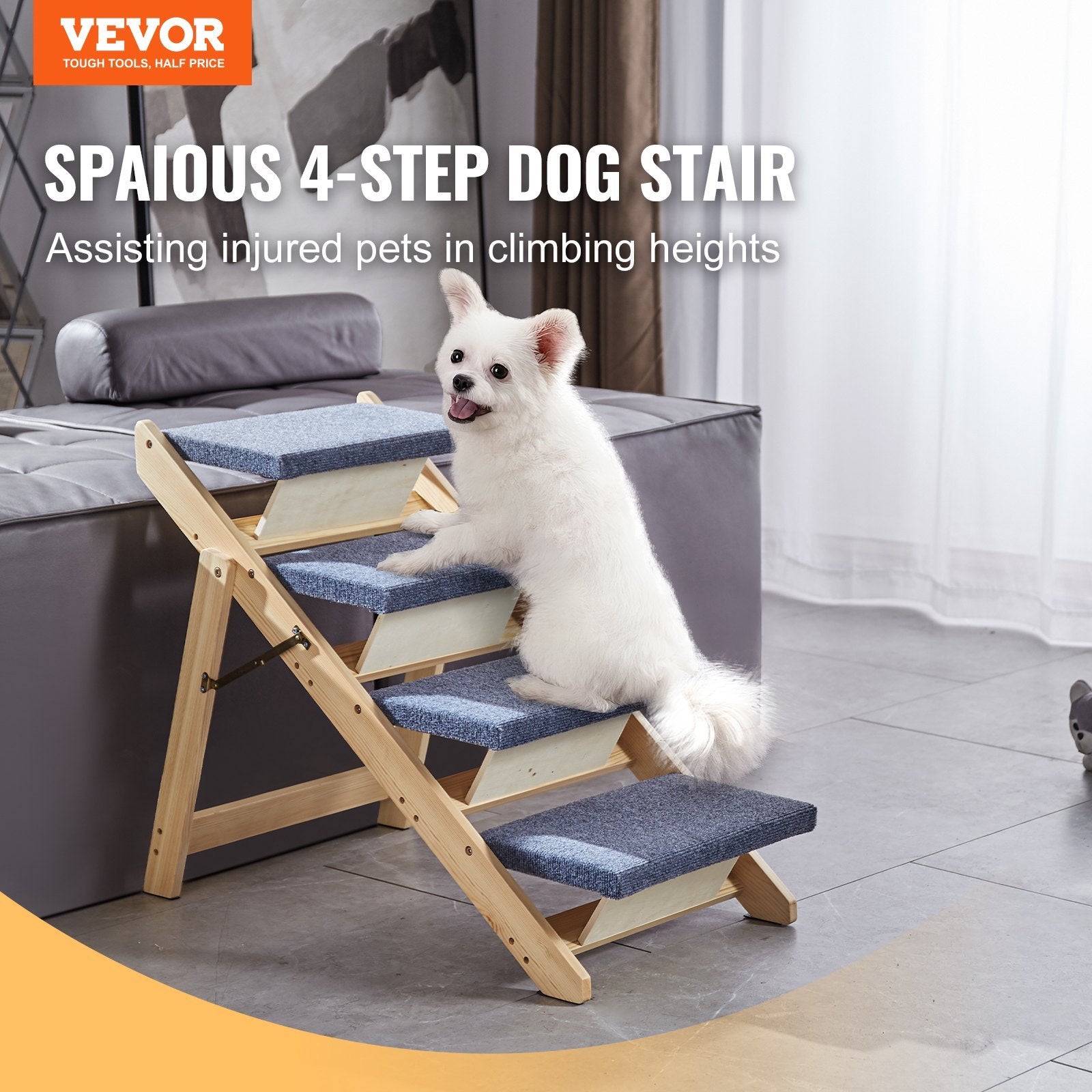 Dog using a set of four-step dog stairs in a home setting with VEVOR branding.
