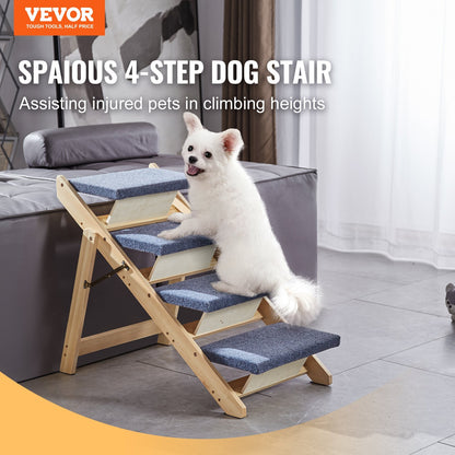 Dog using a set of four-step dog stairs in a home setting with VEVOR branding.