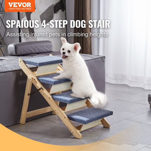 Dog using a set of four-step dog stairs in a home setting with VEVOR branding.