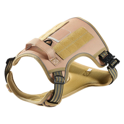 Tan dog harness with adjustable straps on a white background