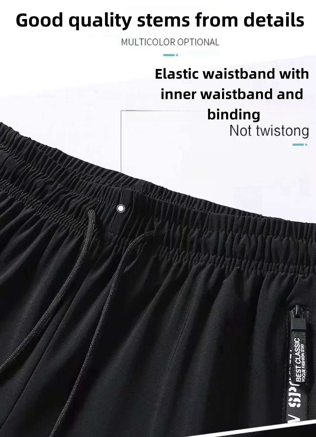Black shorts with an elastic waistband on a white background