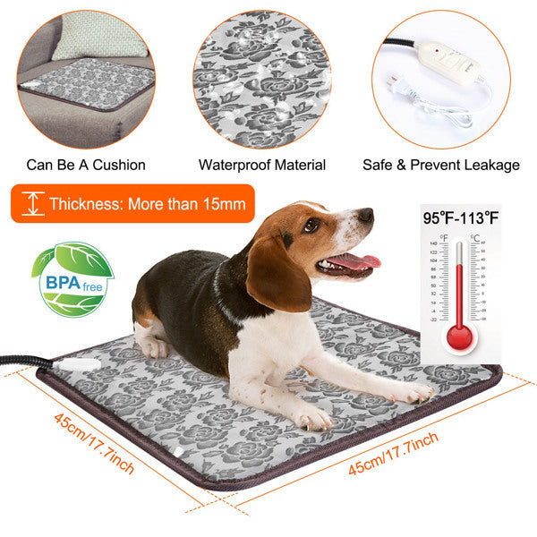 Dog heating pad with cushion, waterproof material, and safety features on a white background