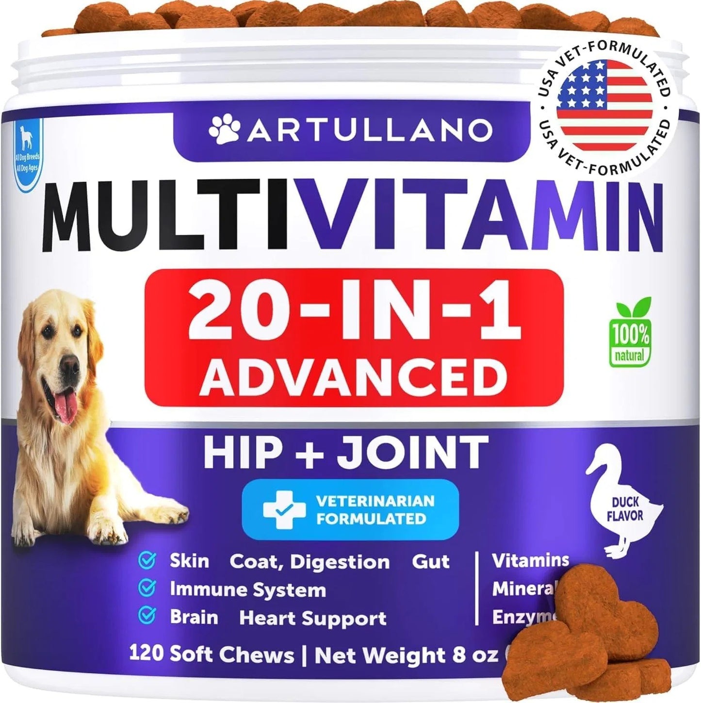 Artullano Multivitamin 20-in-1 Advanced Hip + Joint supplement for dogs with a picture of a dog on the label.