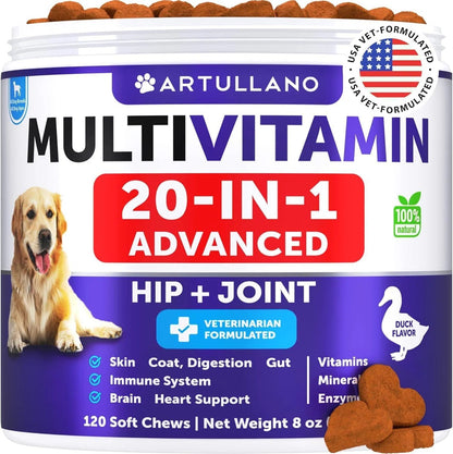 Artullano Multivitamin 20-in-1 Advanced Hip + Joint supplement for dogs with a picture of a dog on the label.