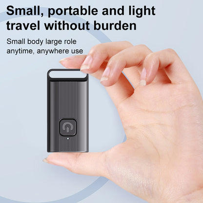 Small portable device held in a hand with promotional text on a light blue background