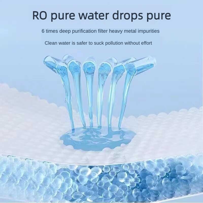 Illustration of pure water droplets with text about RO water purification on a blue background.