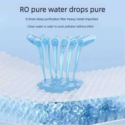 Illustration of pure water droplets with text about RO water purification on a blue background.