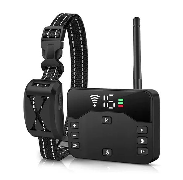 Black electronic dog collar with remote control on a white background