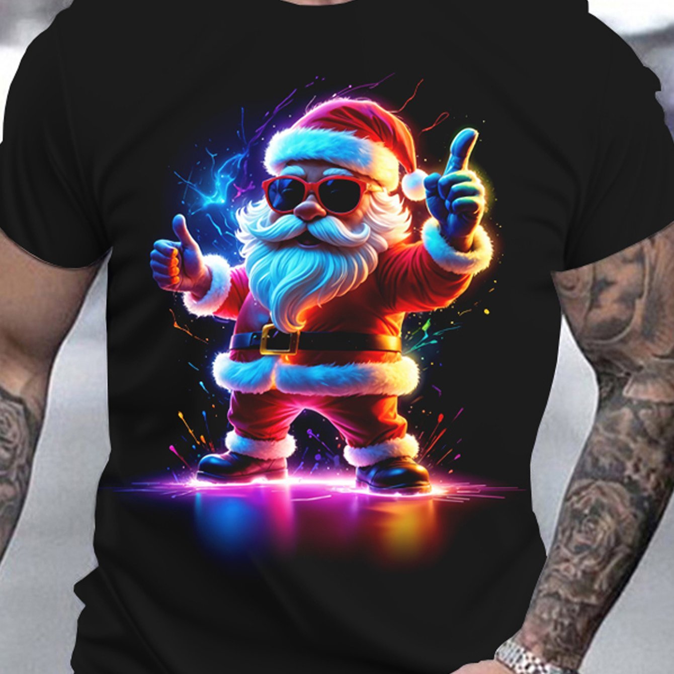 Black t-shirt with a colorful Santa Claus graphic giving a thumbs-up on a plain background