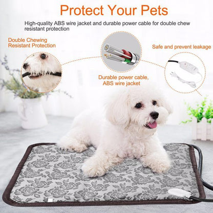 Dog lying on a heating pad with text about pet protection features.