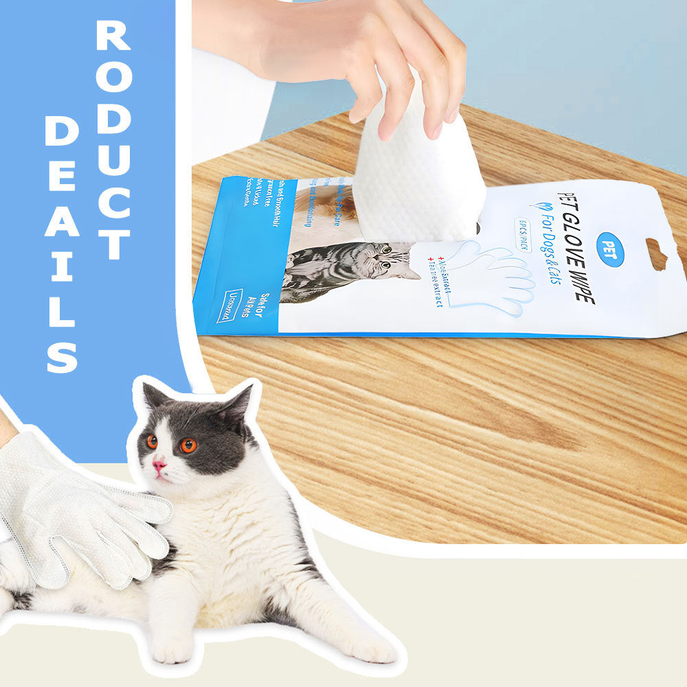 Pet glove wipes with packaging and a cat on a wooden surface