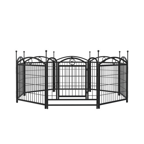 Black metal pet playpen with multiple panels on a white background