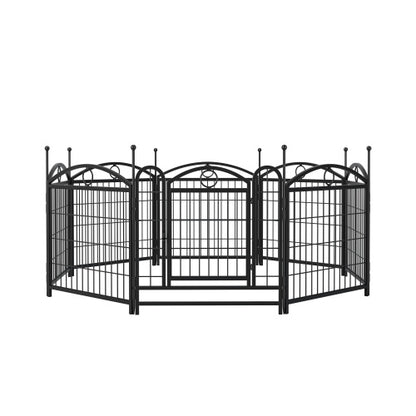 Black metal pet playpen with multiple panels on a white background