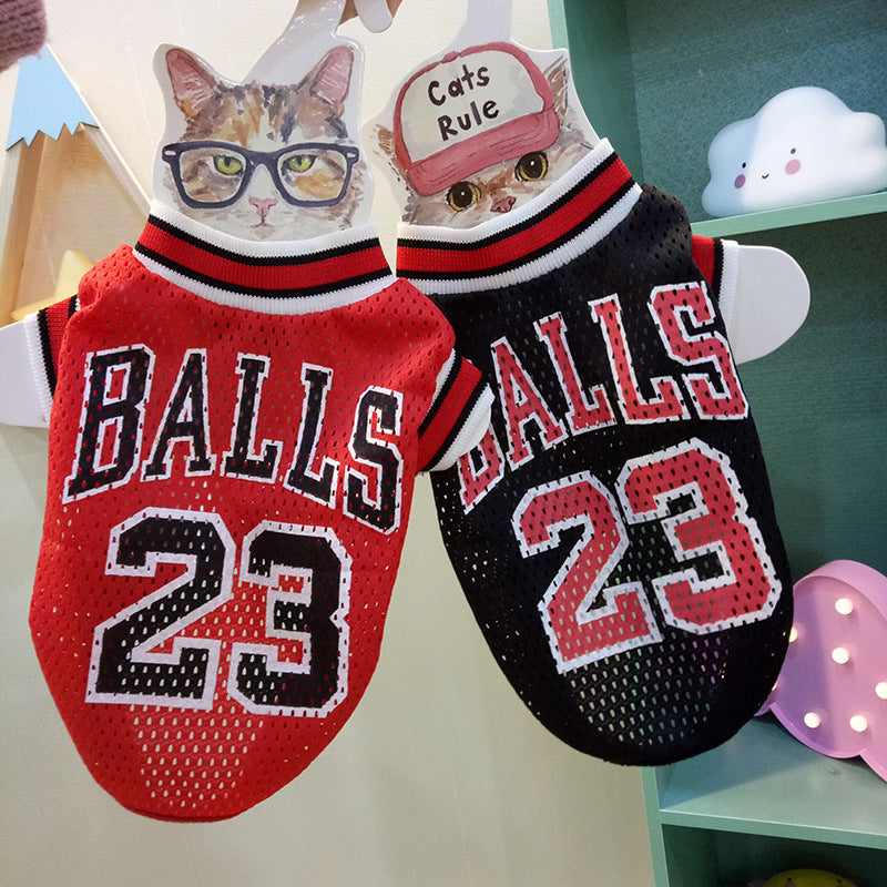 Two cat sweaters with 'BALLS 23' text, one red and one black, on a neutral background.