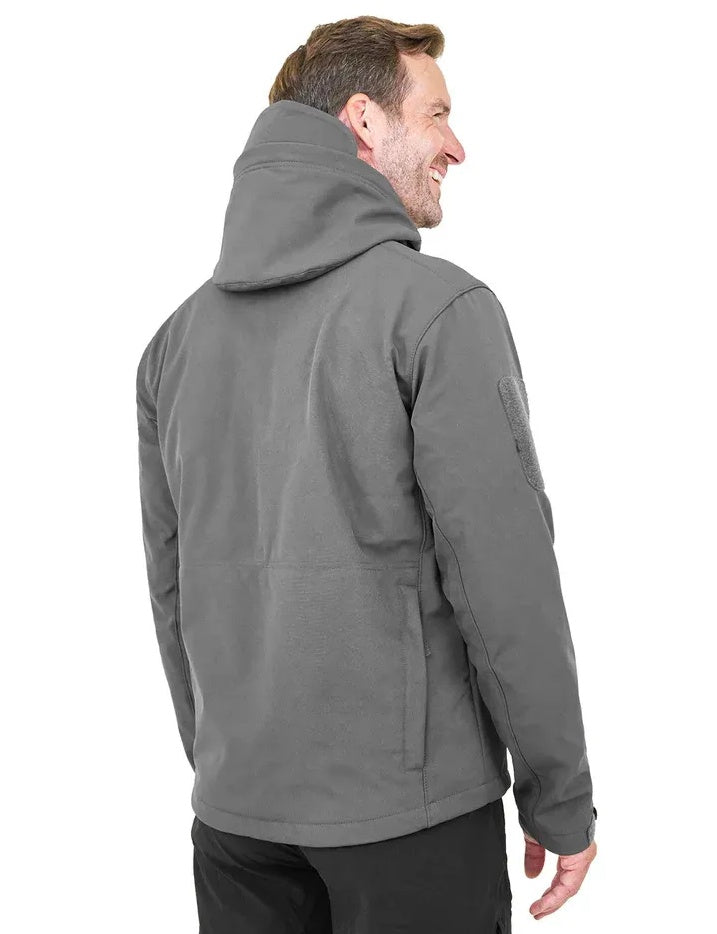 Man wearing a gray jacket on a white background