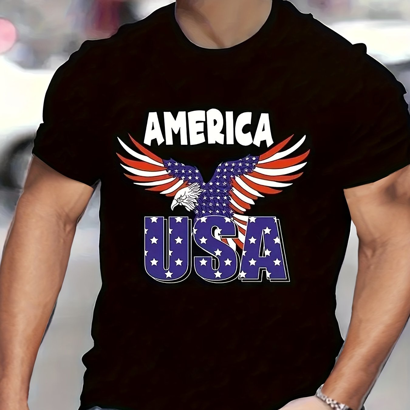 Black t-shirt with American flag design featuring an eagle and 'AMERICA USA' text.