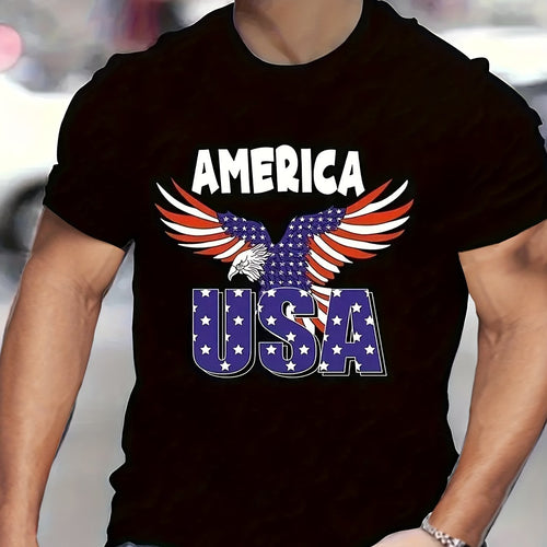 Black t-shirt with American flag design featuring an eagle and 'AMERICA USA' text.