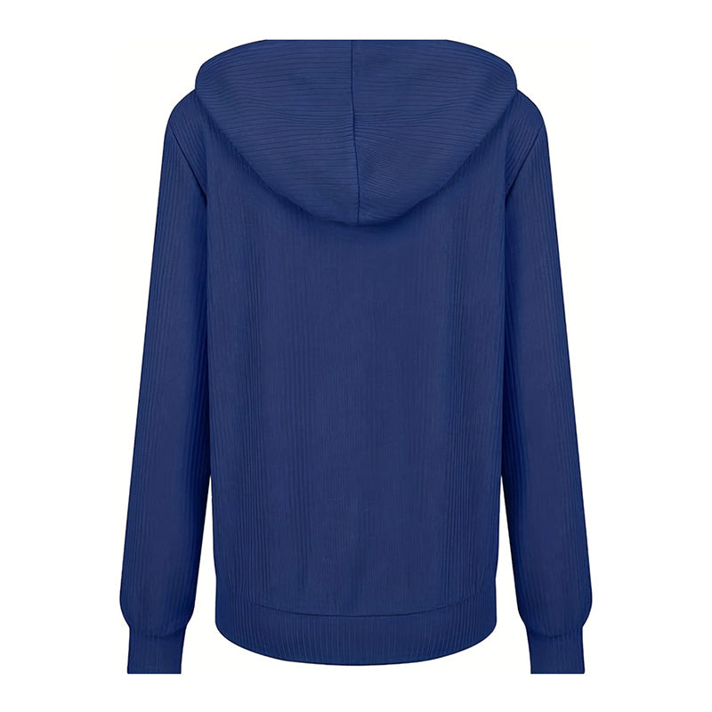 Blue hoodie shown from the back on a white background