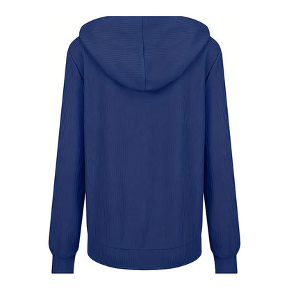 Blue hoodie shown from the back on a white background