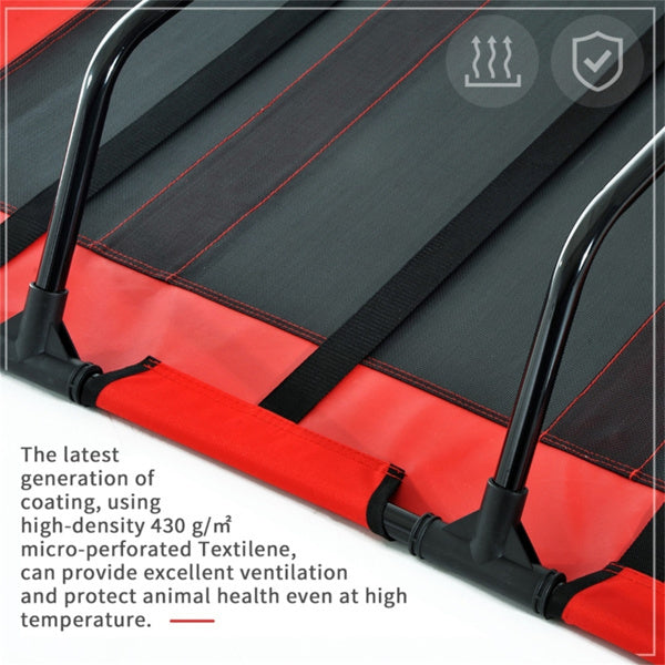 Red and black vehicle roof rack with text about coating properties.