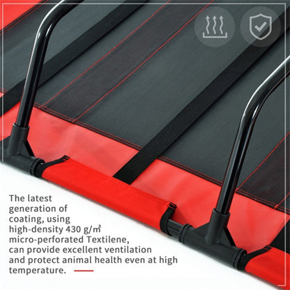 Red and black vehicle roof rack with text about coating properties.
